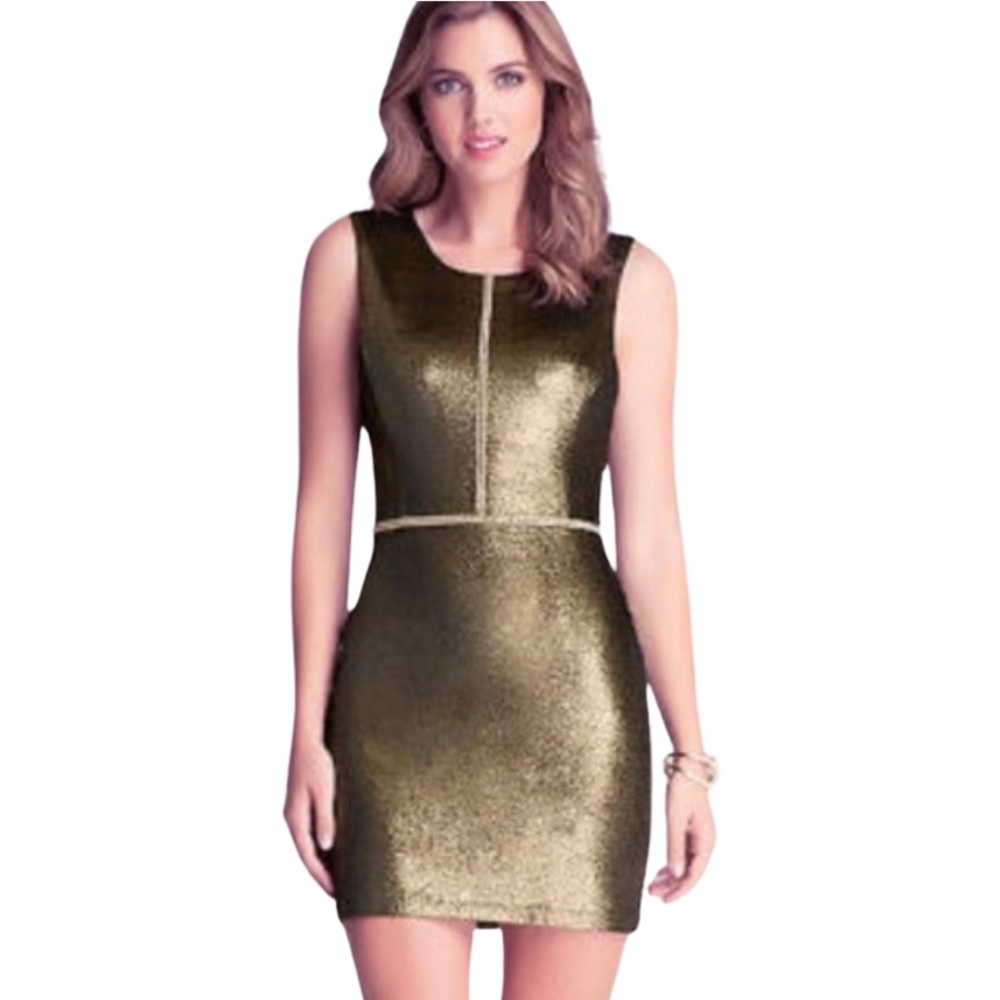Bebe Open Back Metallic Dress Gold XS